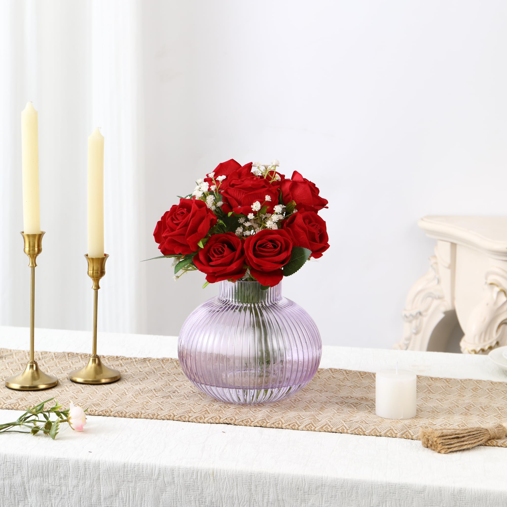 Amazon.co.jp: YANWE1 パープルガラス花瓶 ブーケ用花瓶 リブ付き